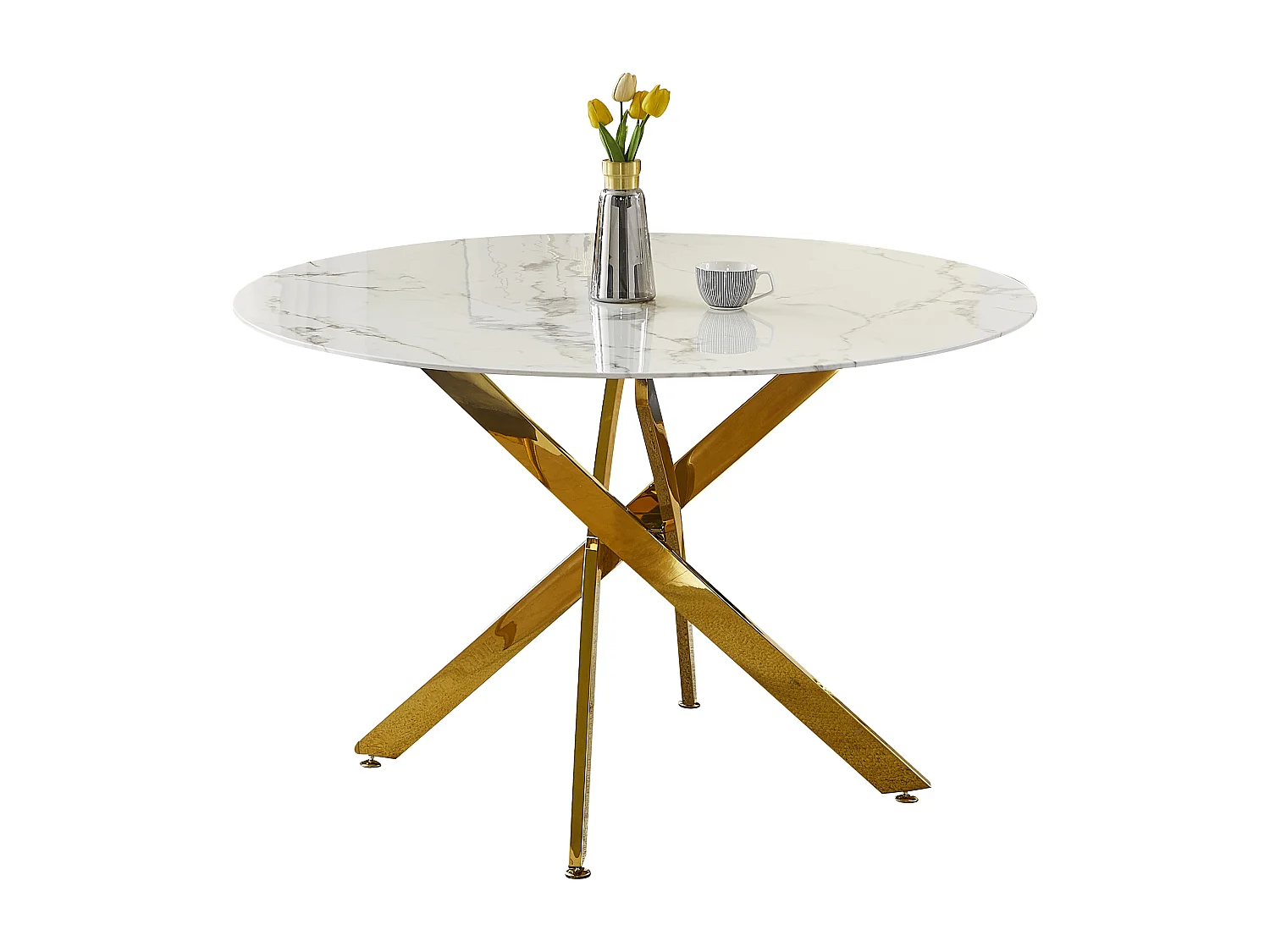 Table à manger ronde en verre trempé - Effet marbre blanc et métal doré – 4 personnes – CHIARA