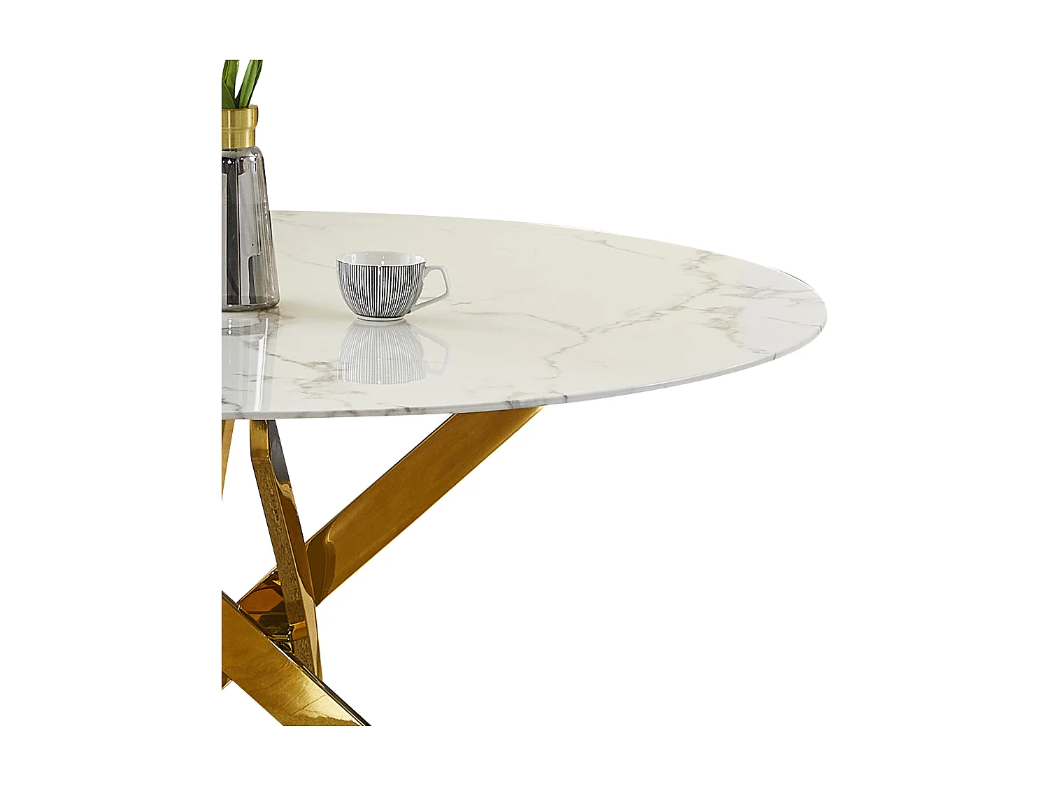 Table à manger ronde en verre trempé - Effet marbre blanc et métal doré – 4 personnes – CHIARA