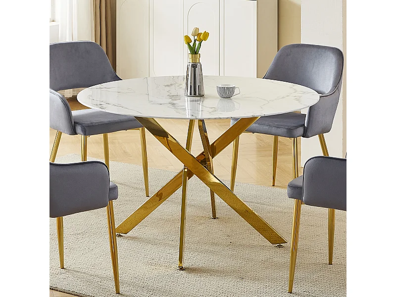 Eettafel rond van gehard glas - Witte marmerlook en goudkleurig metaal – 4 personen – CHIARA