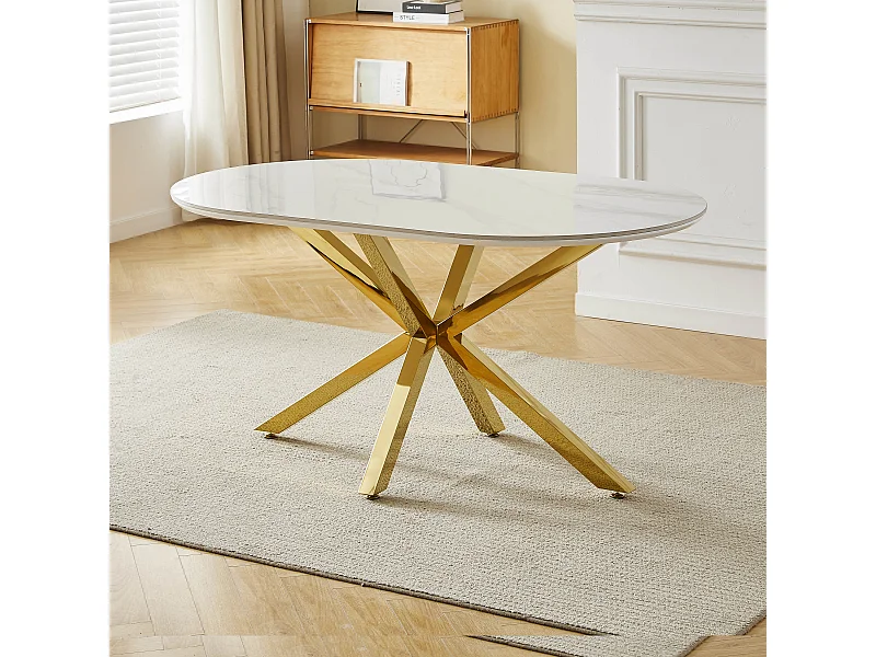 Table à manger LUCIA - 6 personnes - Plateau en céramique effet marbre blanc - Pieds en métal doré