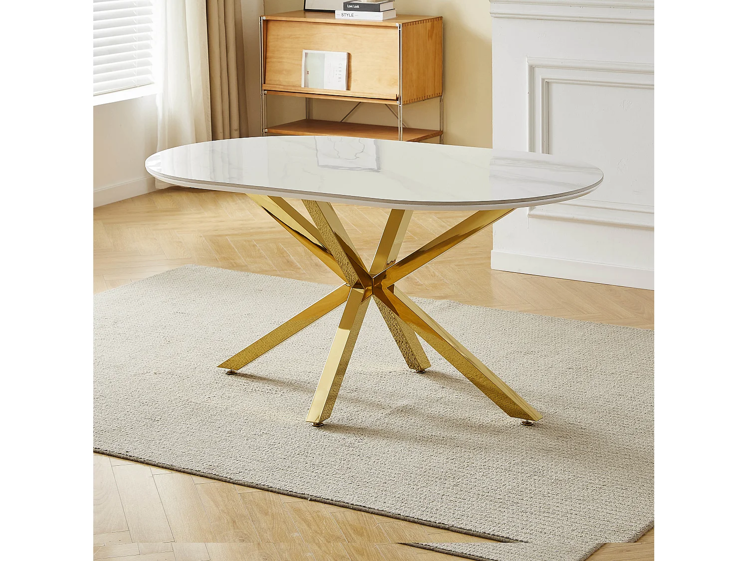 Table à manger LUCIA - 6 personnes - Plateau en céramique effet marbre blanc - Pieds en métal doré