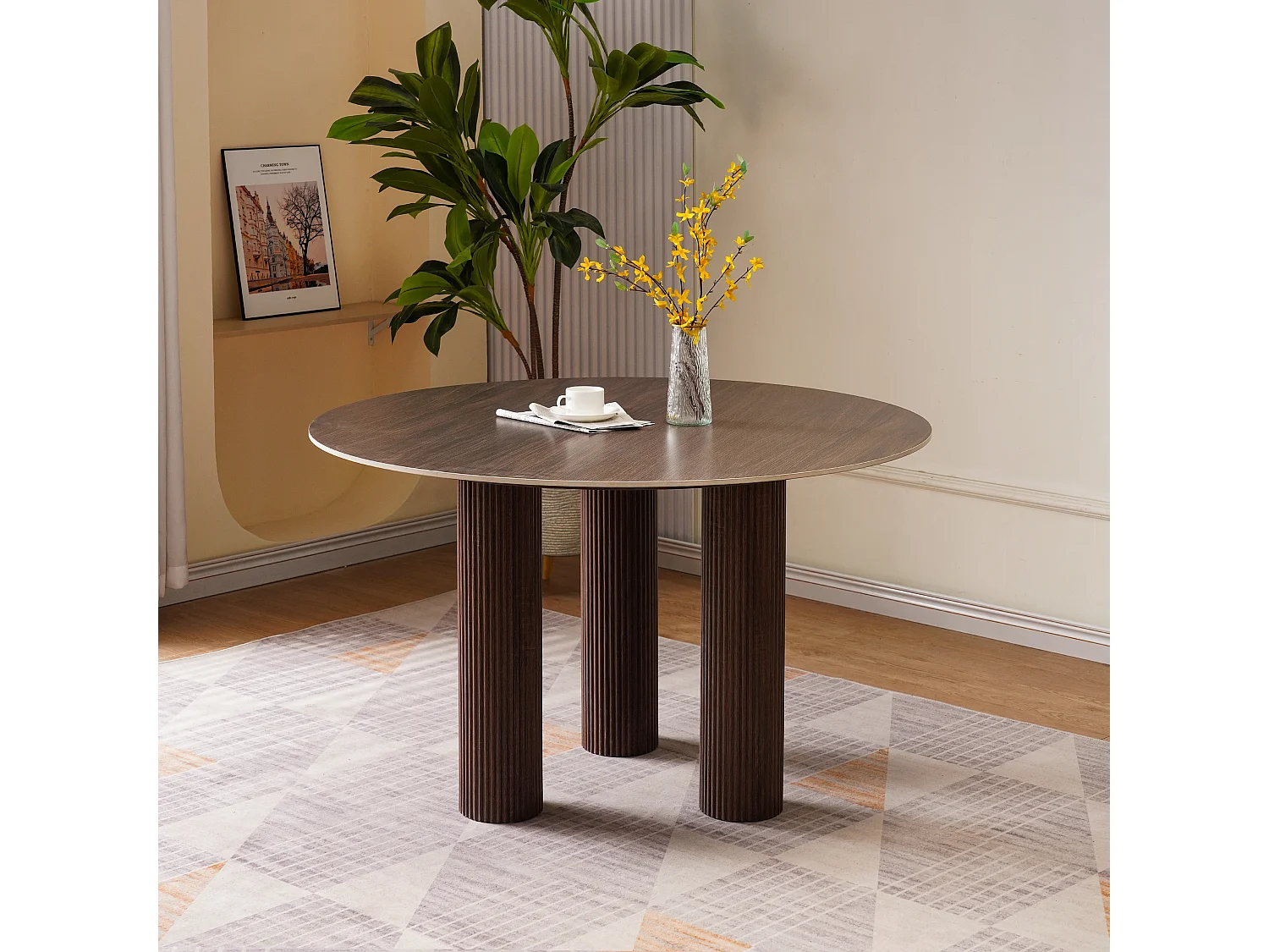 Tavolo da pranzo rotondo per 4 persone - Piano in ceramica effetto noce naturale scuro - ANA