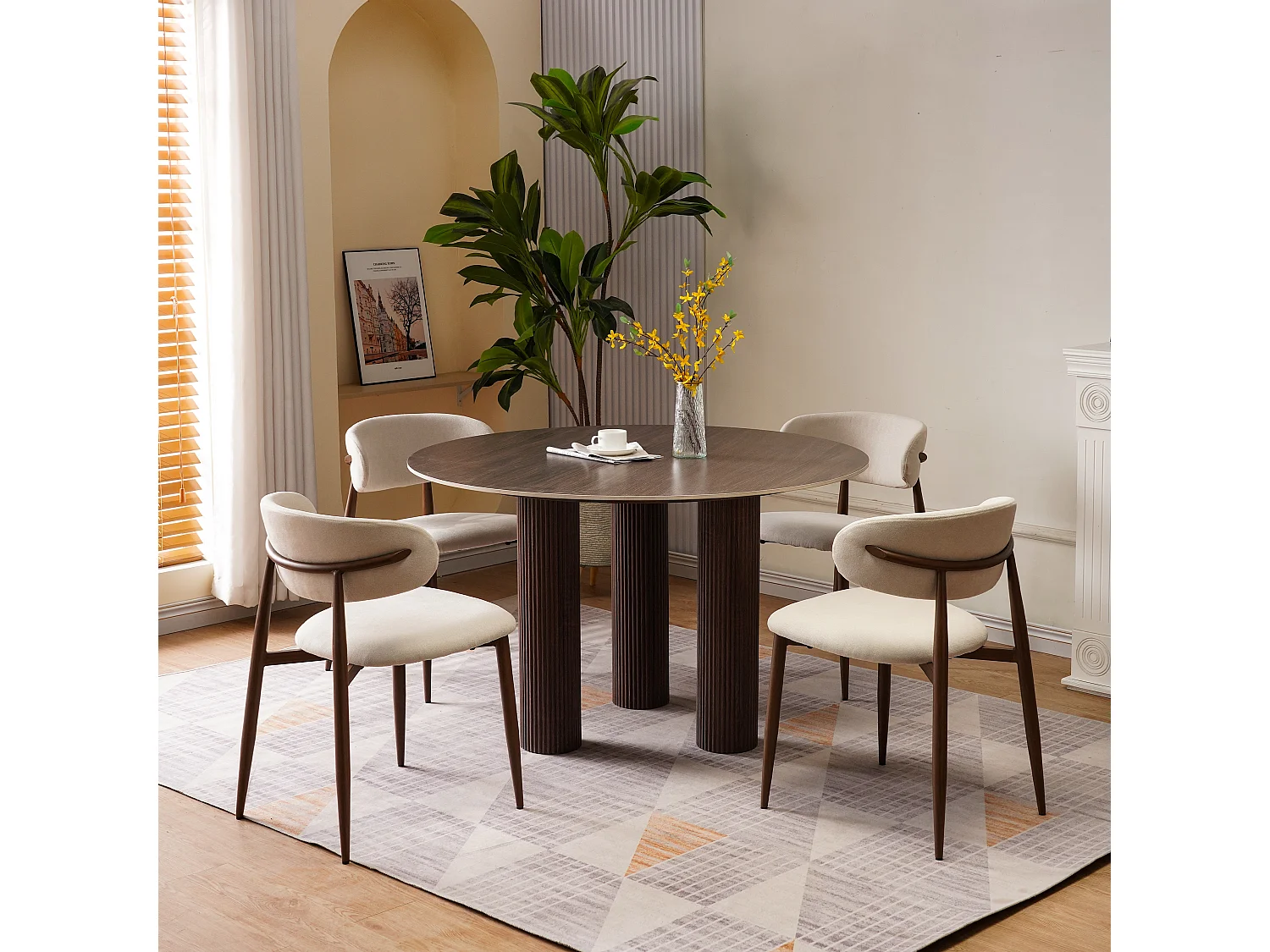 Table à manger ronde 4 personnes - Plateau en céramique noyer - Naturel foncé - ANA