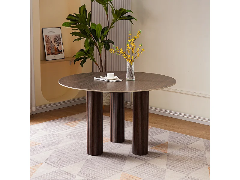 Table à manger ronde 4 personnes - Plateau en céramique noyer - Naturel foncé - ANA