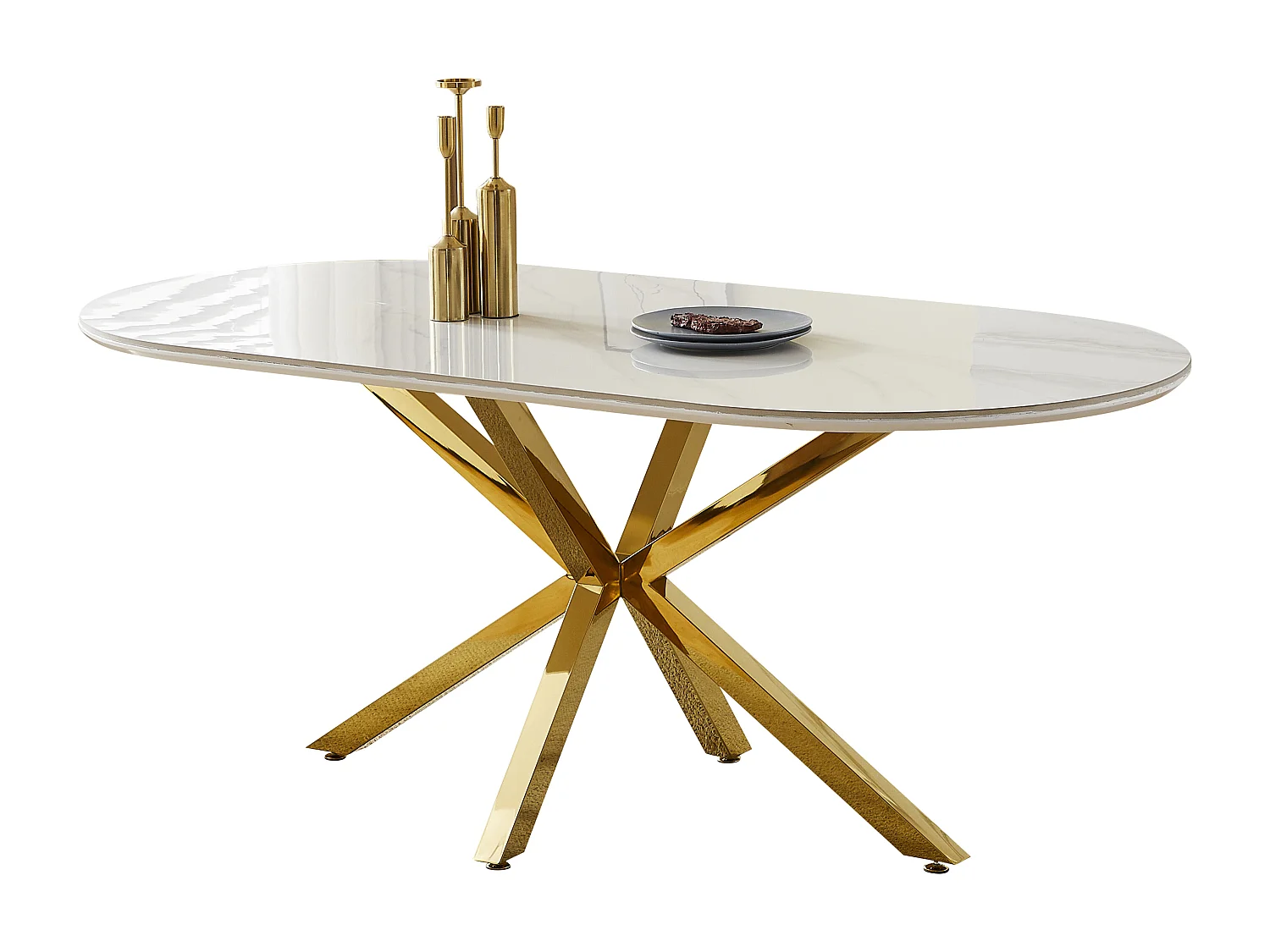 Table à manger LUCIA - 8 personnes - Plateau en céramique effet marbre blanc - Pieds en métal doré