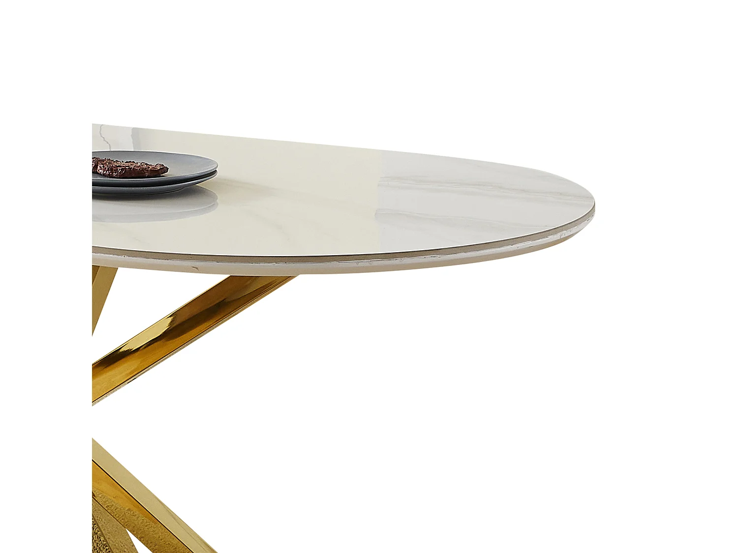 Table à manger LUCIA - 8 personnes - Plateau en céramique effet marbre blanc - Pieds en métal doré