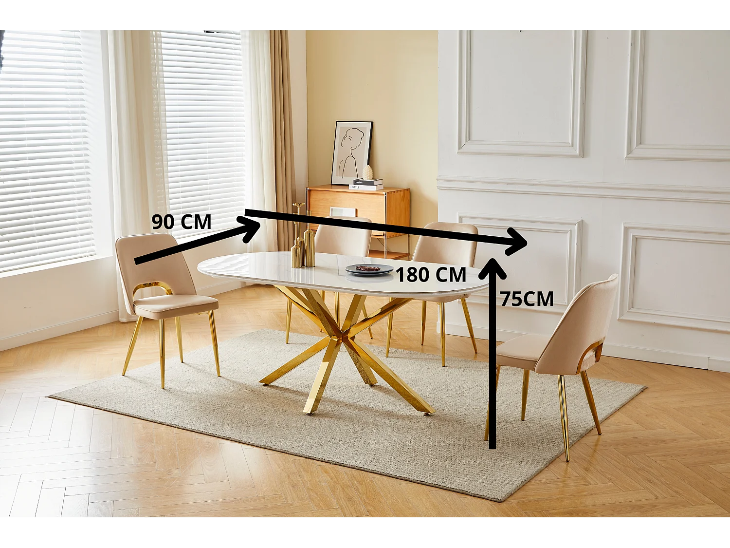 Eettafel LUCIA – 8 personen – Keramisch blad met wit marmerlook – Gouden metalen poten