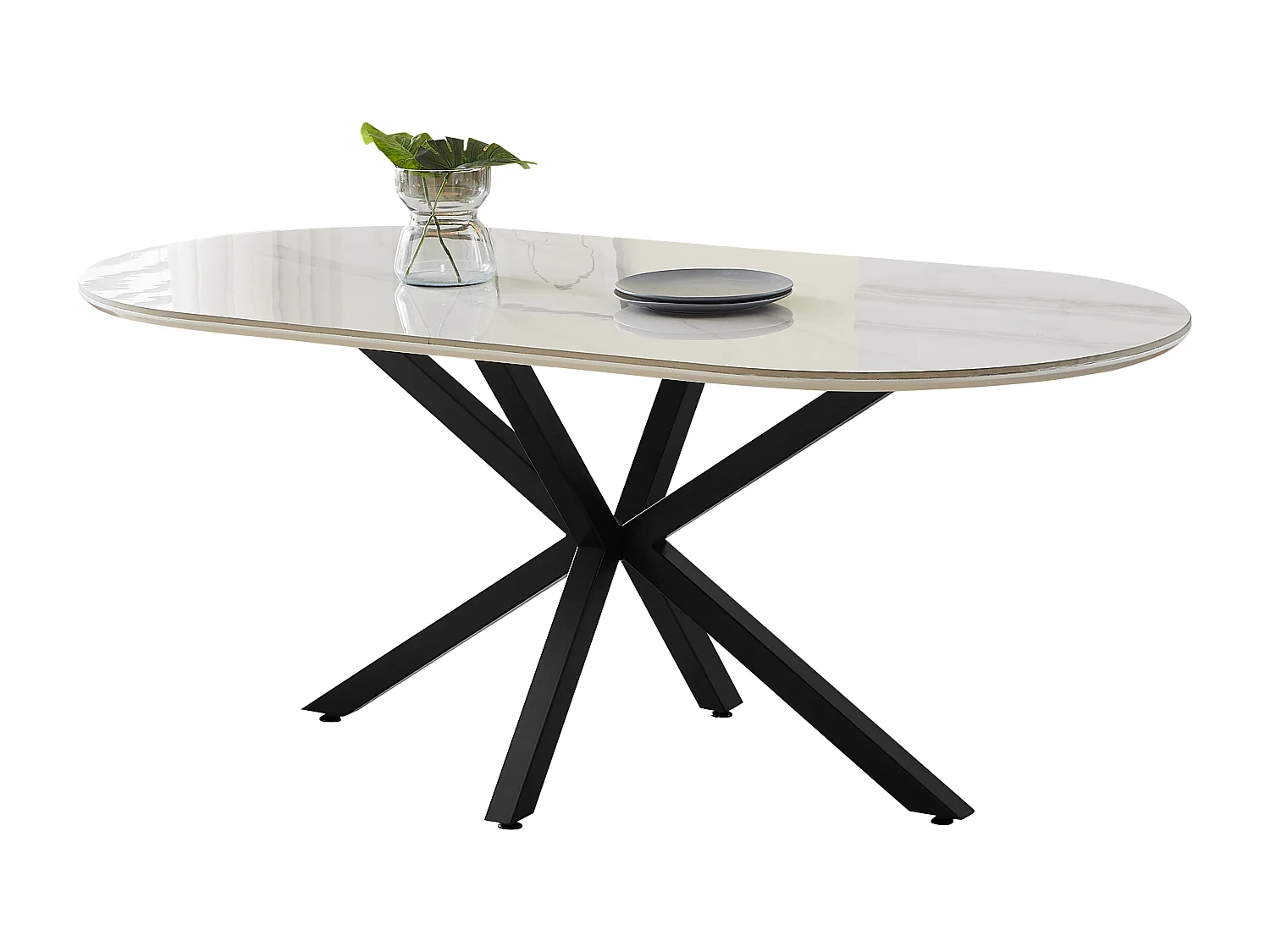 Table à manger LUCIA - 8 personnes - Plateau en céramique effet marbre blanc - Pieds en métal noir