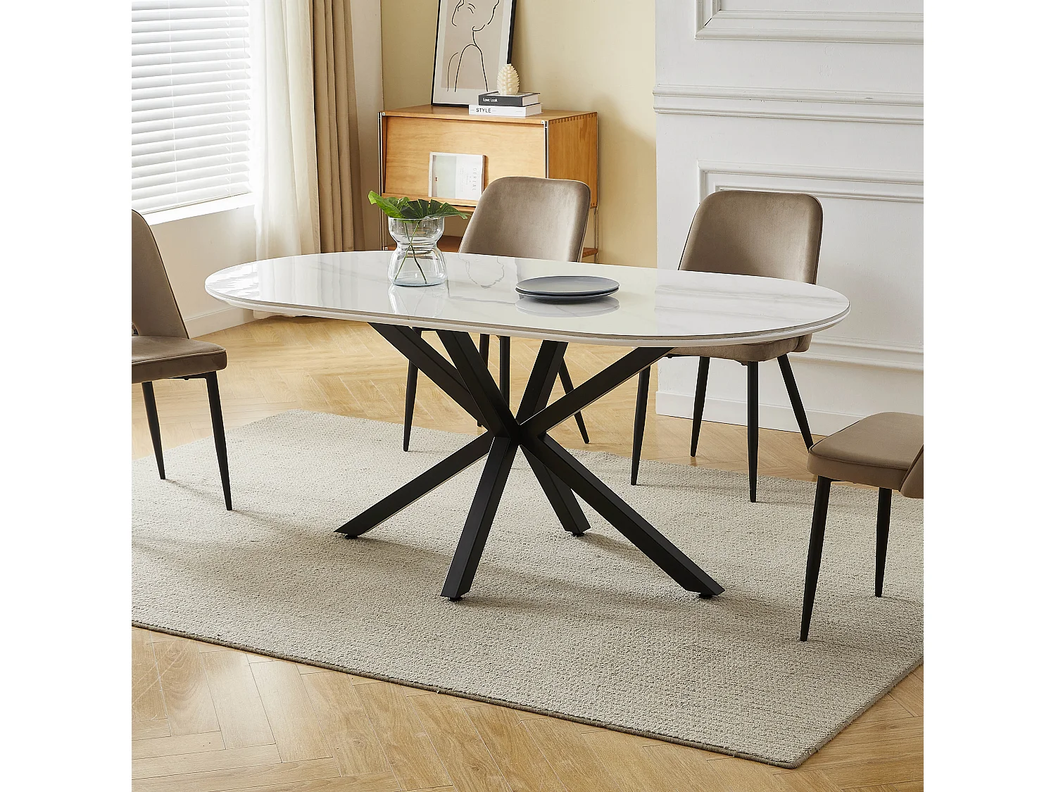 Table à manger LUCIA - 8 personnes - Plateau en céramique effet marbre blanc - Pieds en métal noir