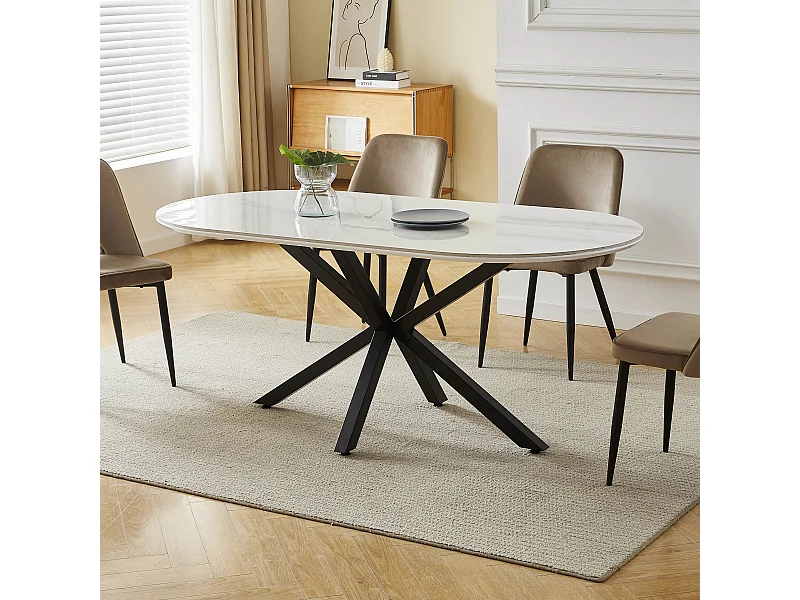 Table à manger LUCIA - 8 personnes - Plateau en céramique effet marbre blanc - Pieds en métal noir