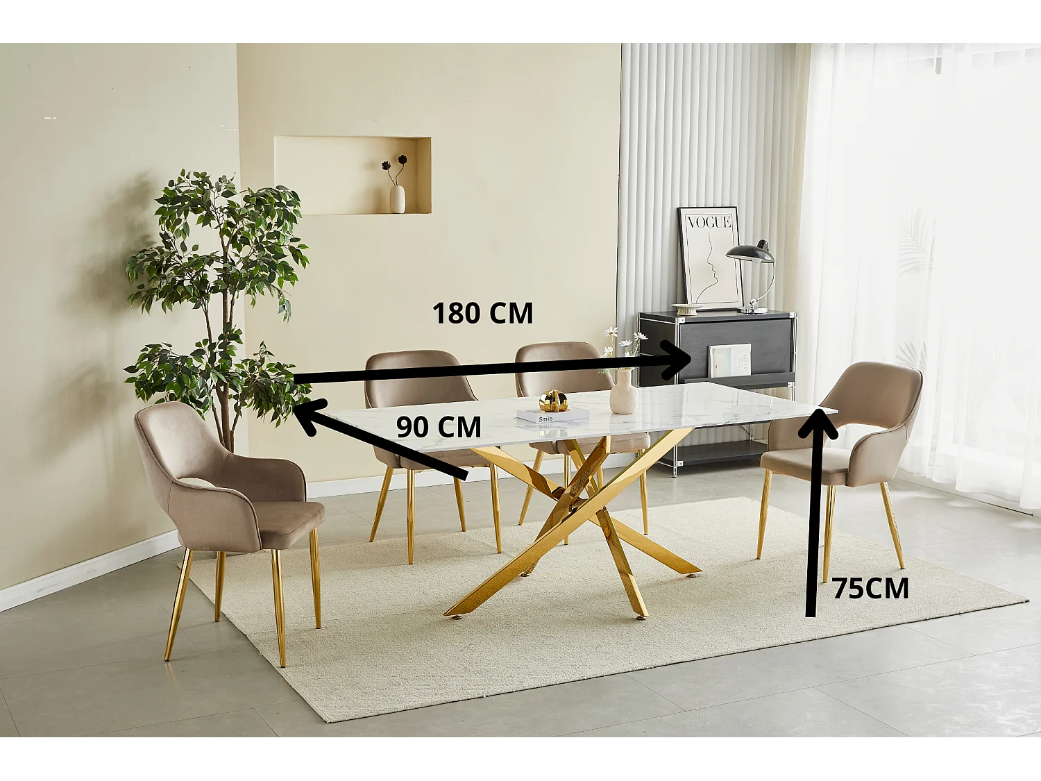 Table à manger rectangulaire en verre trempé - Effet marbre blanc et métal chromé – 8 personnes – CHIARA