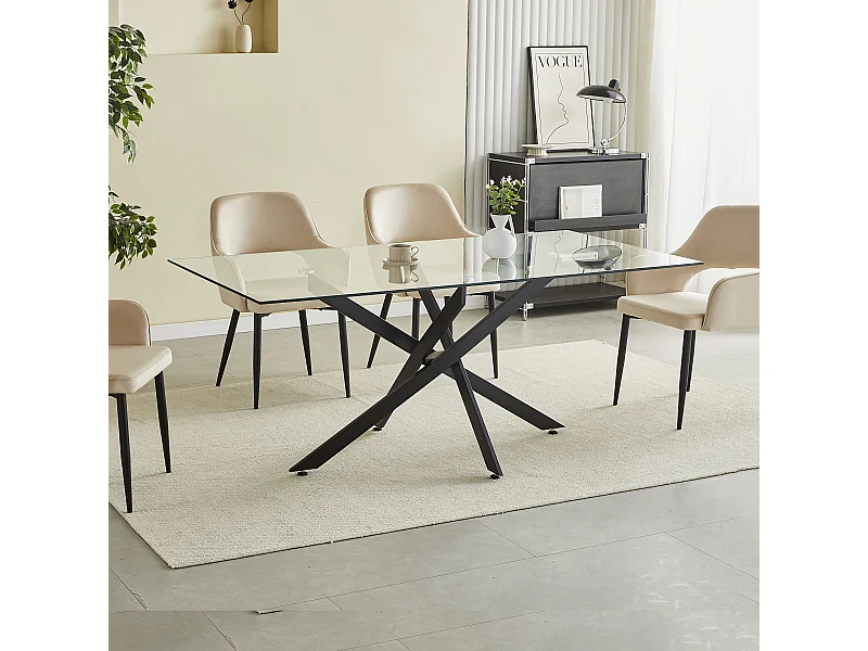 Mesa de jantar retangular em vidro temperado transparente e metal preto – 8 pessoas – CHIARA