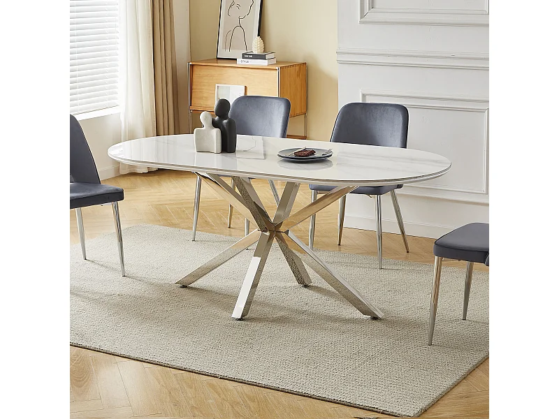 Table à manger LUCIA - 8 personnes - Plateau en céramique effet marbre blanc - Pieds en métal chromé