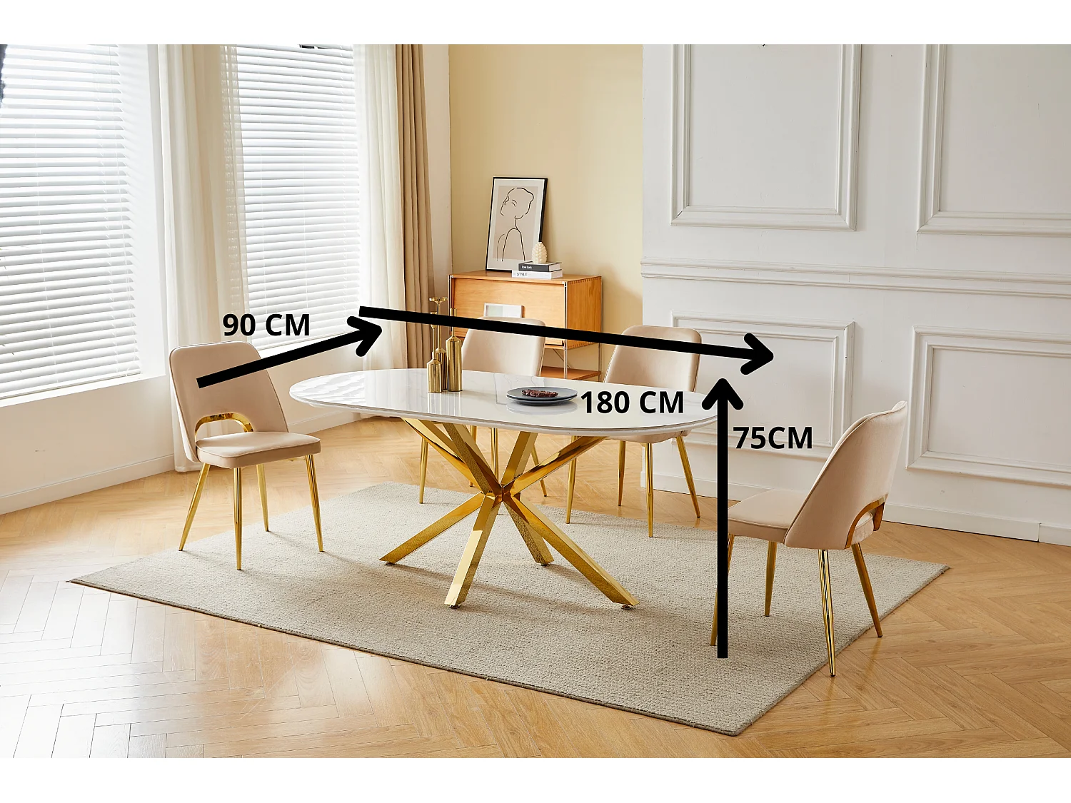 Table à manger LUCIA - 8 personnes - Plateau en céramique effet marbre blanc - Pieds en métal chromé