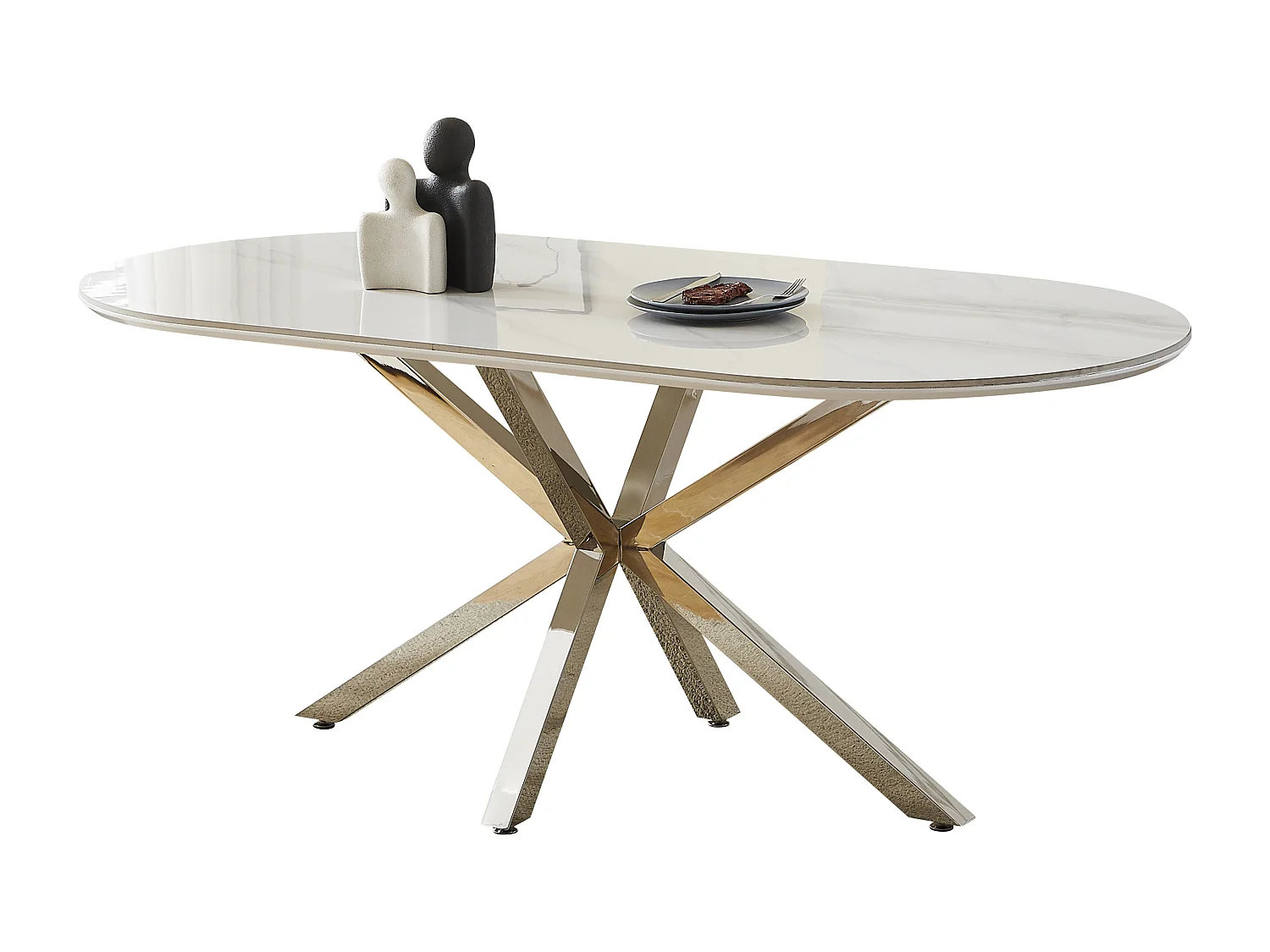 Mesa de jantar oval em cerâmica com efeito mármore branco com estrutura em metal cromado – 8 pessoas - LUCIA