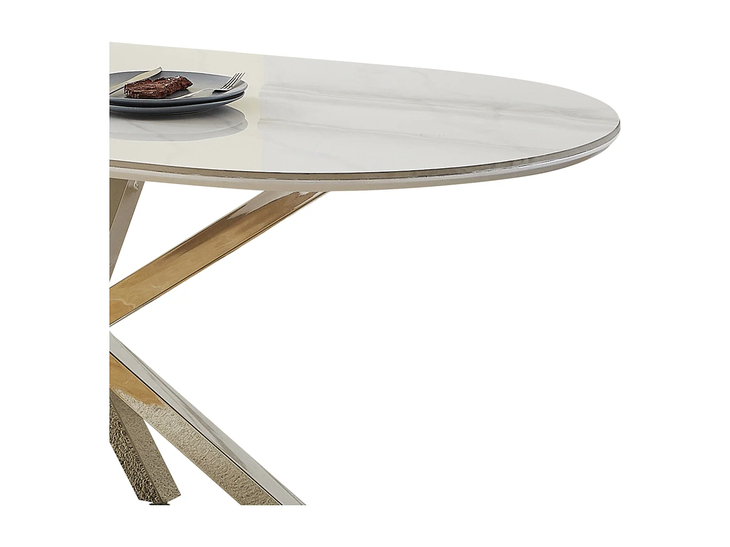 Mesa de jantar oval em cerâmica com efeito mármore branco com estrutura em metal cromado – 8 pessoas - LUCIA