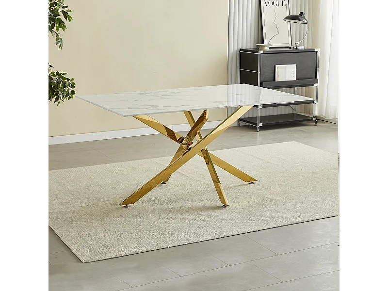 Table à manger rectangulaire en verre trempé - Effet marbre blanc et métal doré – 6 personnes – CHIARA