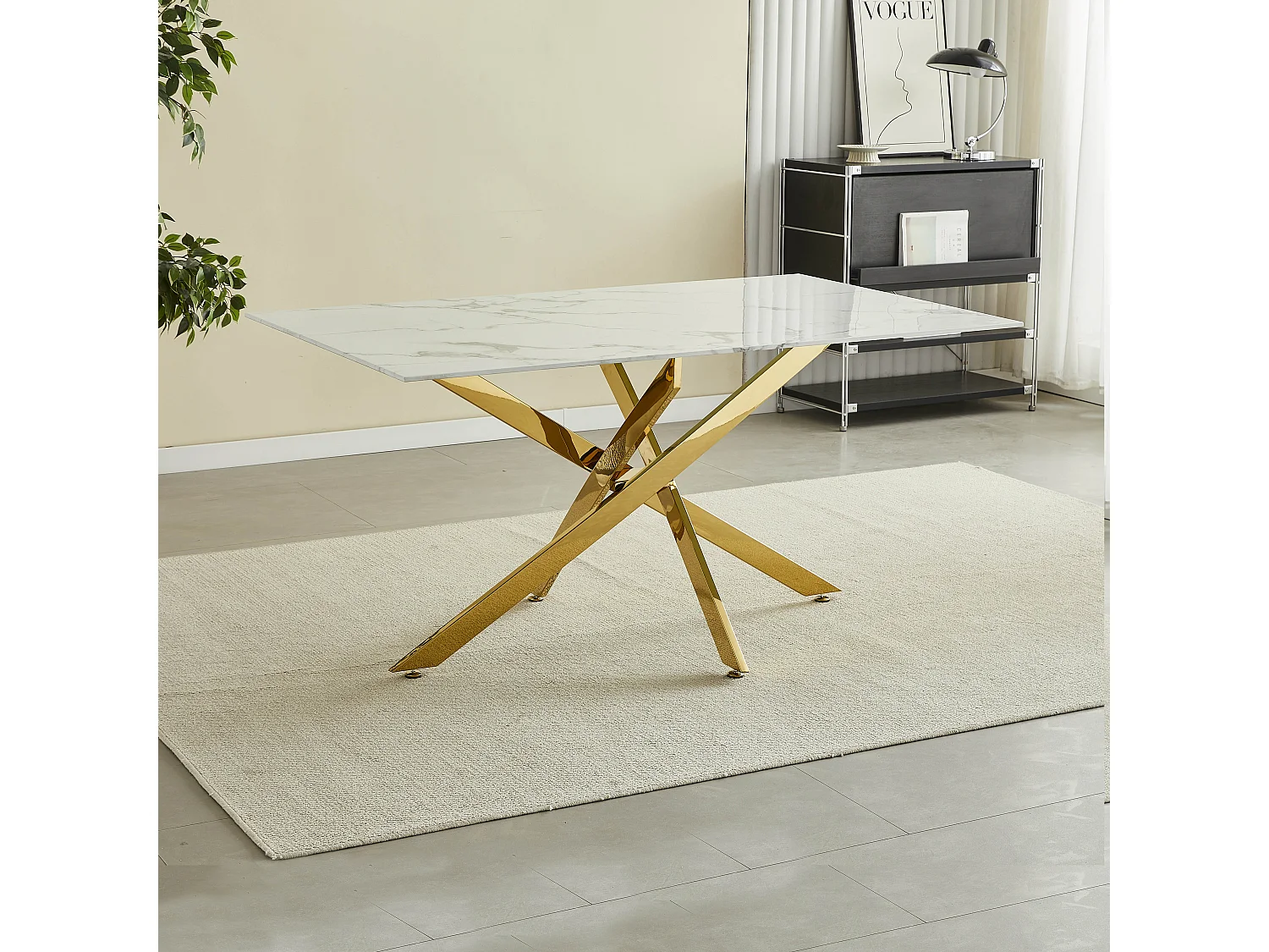 Table à manger rectangulaire en verre trempé - Effet marbre blanc et métal doré – 6 personnes – CHIARA