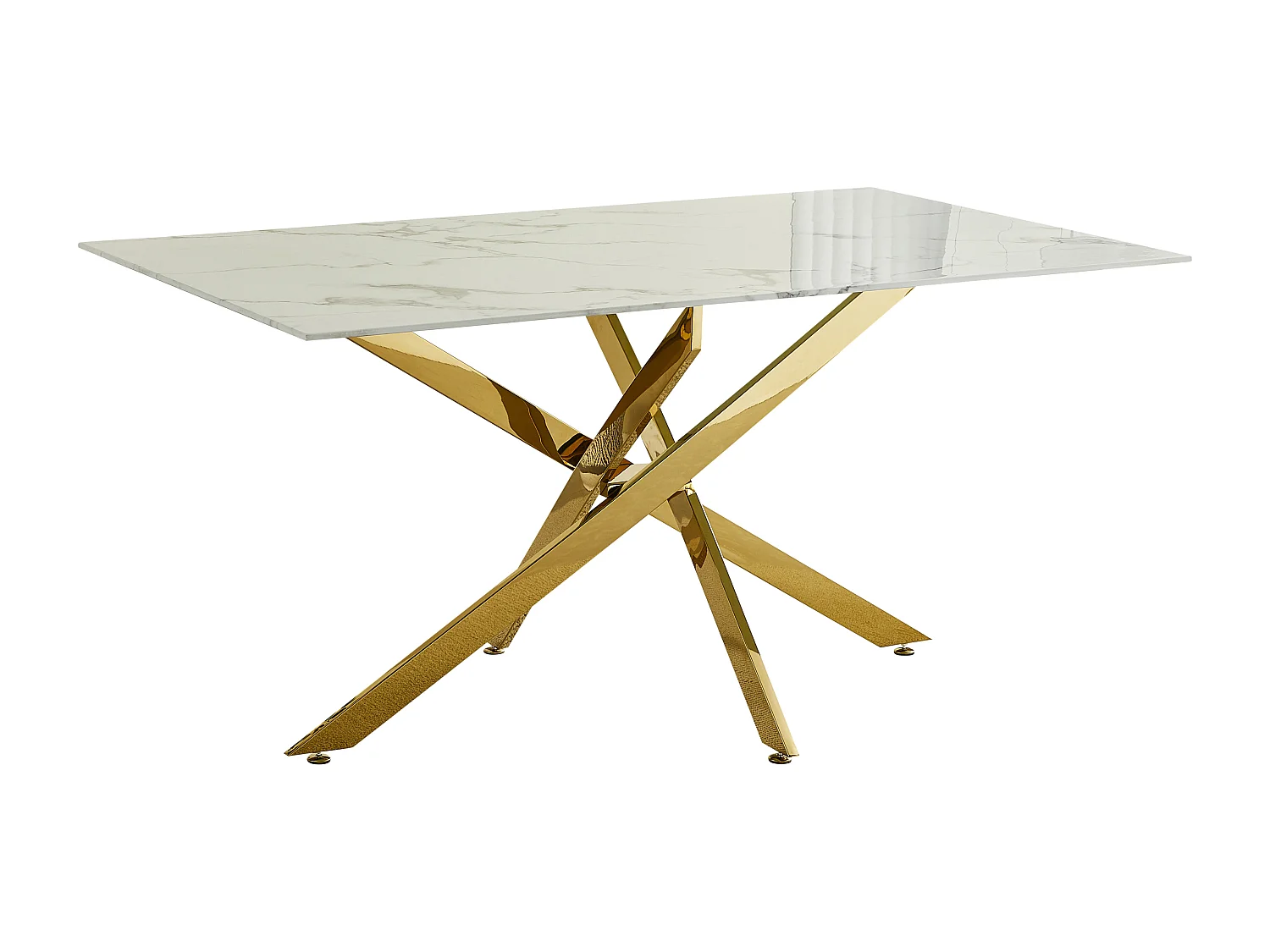 Table à manger rectangulaire en verre trempé - Effet marbre blanc et métal doré – 6 personnes – CHIARA