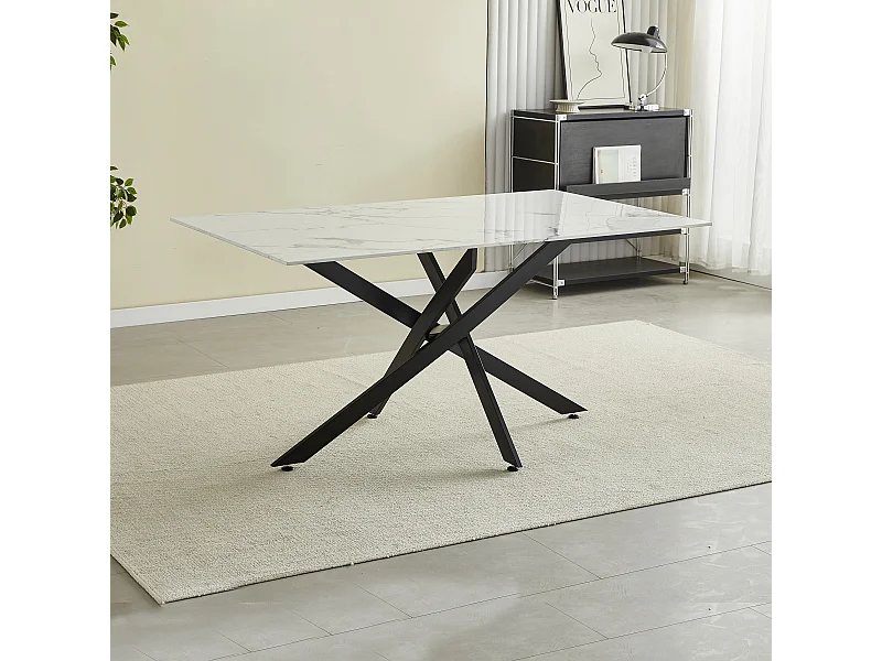 Table à manger rectangulaire en verre trempé - Effet marbre blanc et métal noir – 8 personnes – CHIARA