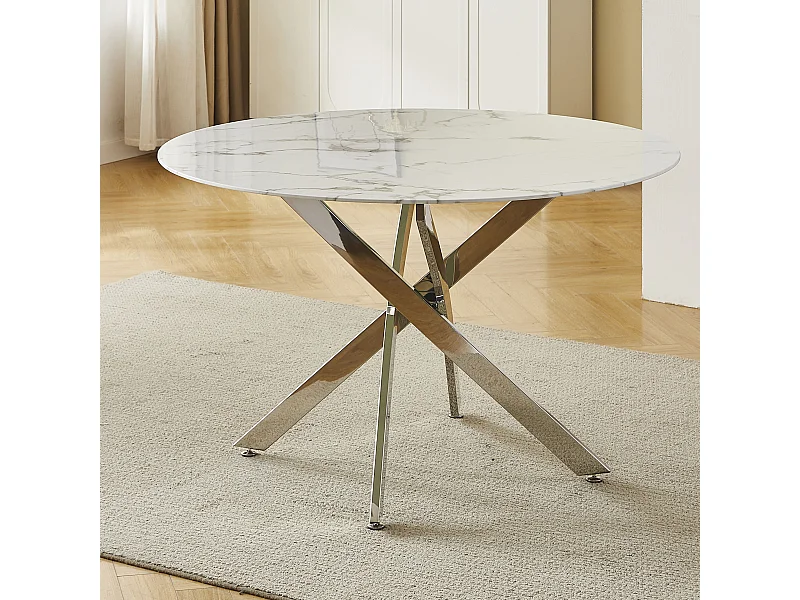 Eettafel rond van gehard glas - Witte marmerlook en zilverkleurig metaal – 4 personen – CHIARA