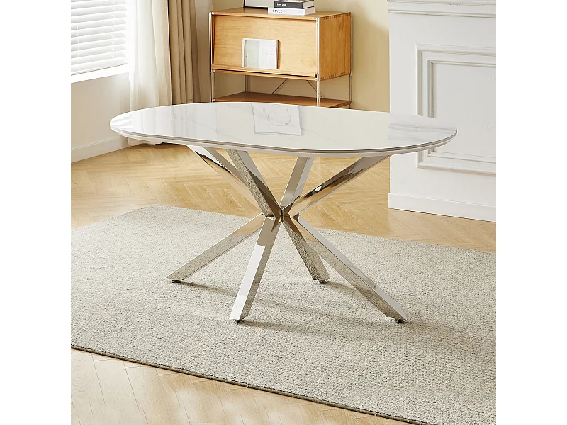 Table à manger LUCIA - 6 personnes - Plateau en céramique effet marbre blanc - Pieds en métal chromé