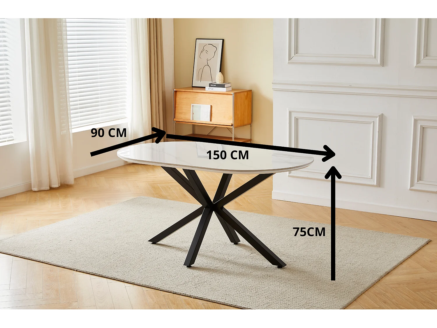 Table à manger LUCIA - 6 personnes - Plateau en céramique effet marbre blanc - Pieds en métal chromé