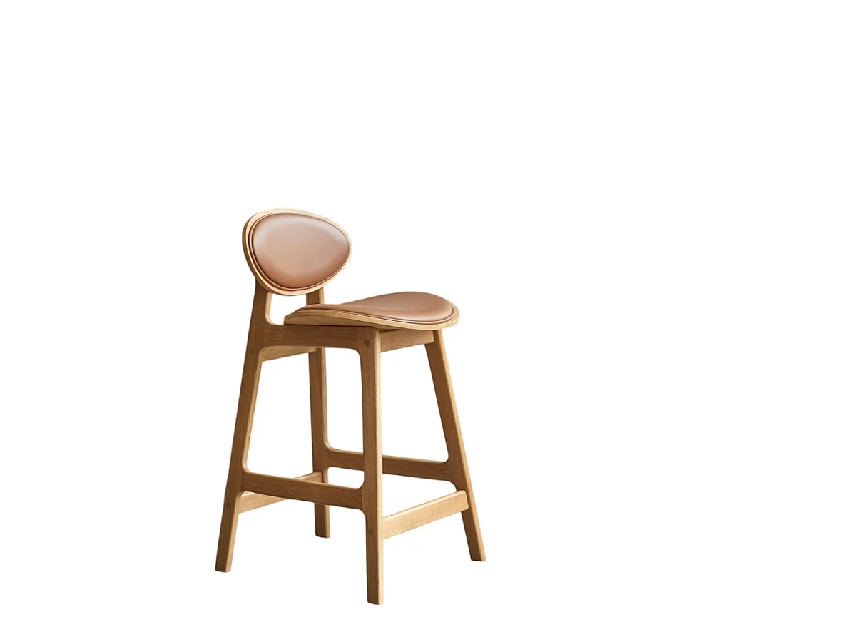 Chaise de comptoir Maia en bois de chêne massif et cuir