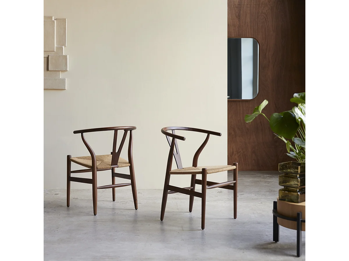 Sedia in legno di teak massiccio scuro e seduta intrecciata Blaise