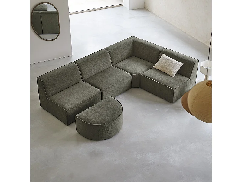 Divano ad angolo modulabile in tessuto verde, 5-6 posti
