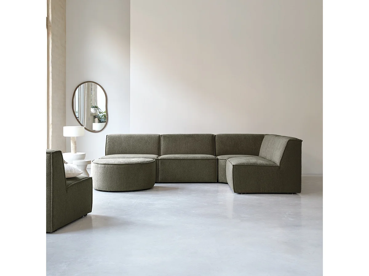 Divano ad angolo modulabile in tessuto verde, 5-6 posti