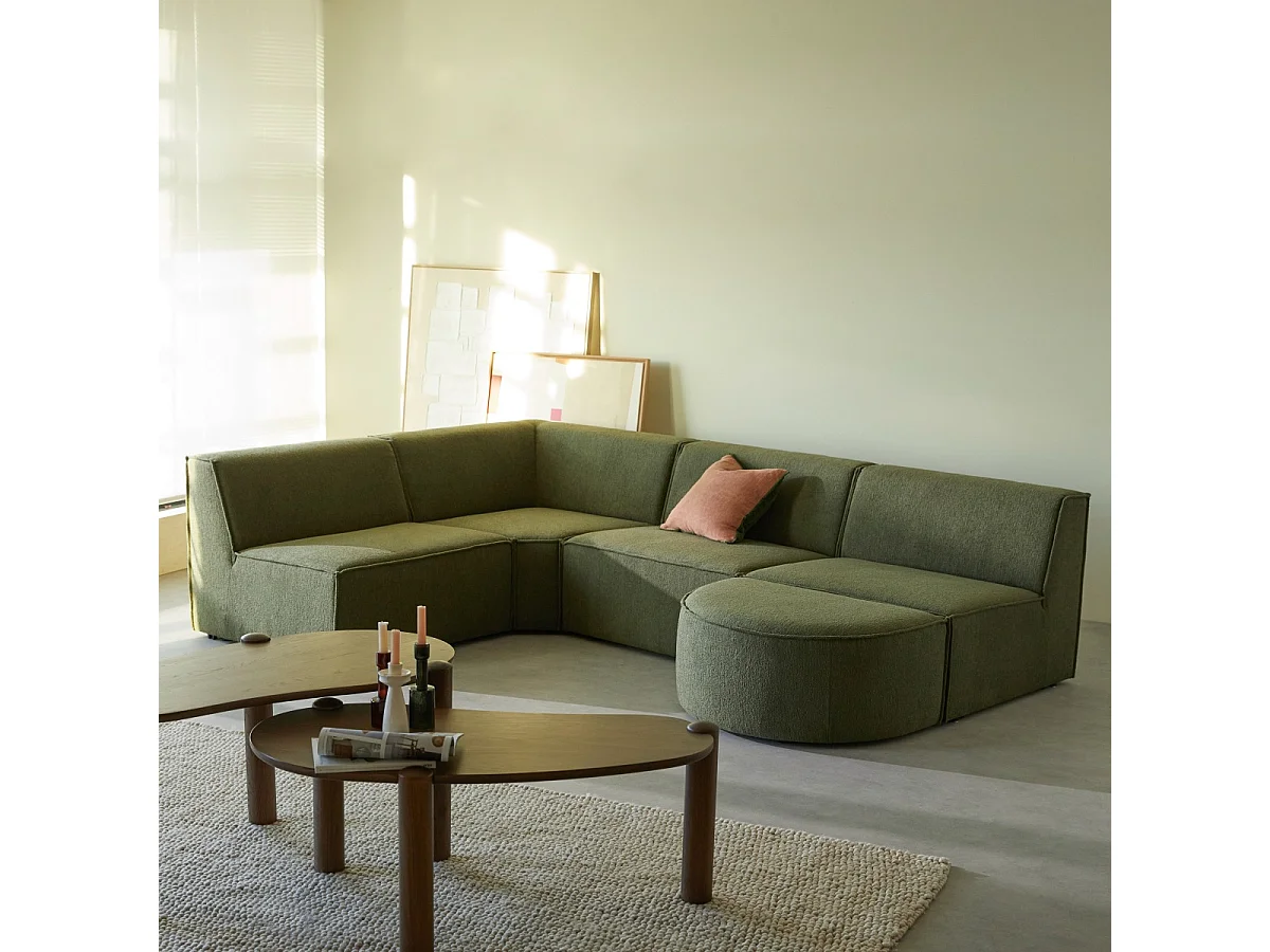 Divano ad angolo modulabile in tessuto verde, 5-6 posti