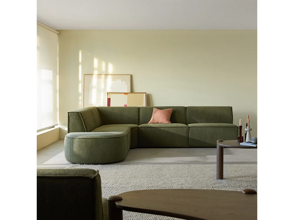 Divano ad angolo modulabile in tessuto verde, 5-6 posti