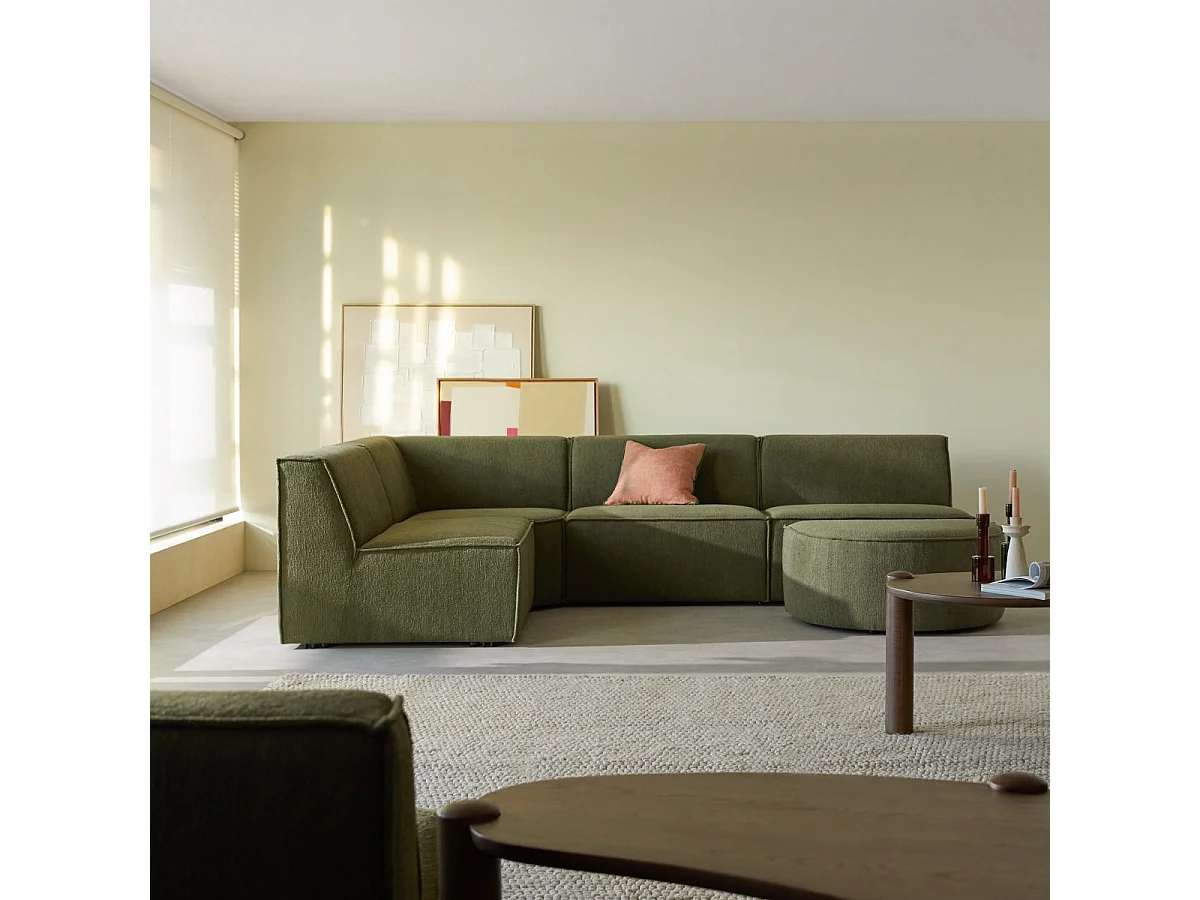 Canapé d'angle modulable en tissu vert, 5-6 places