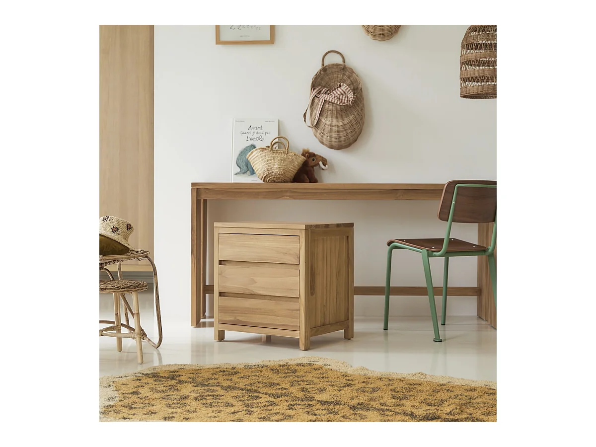 Bureau enfant en bois de teck 160 Eden avec caisson de rangement