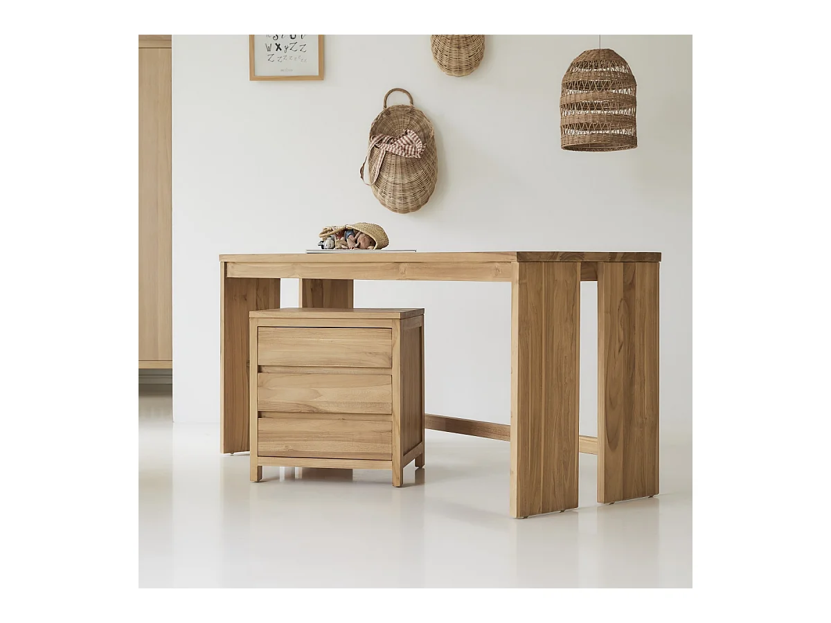 Bureau enfant en bois de teck 160 Eden avec caisson de rangement