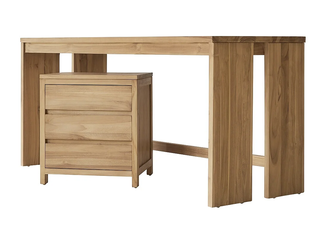 Bureau enfant en bois de teck 160 Eden avec caisson de rangement