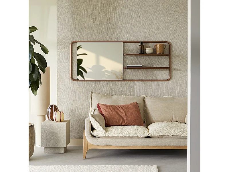 Miroir étagère en bois de noyer et laiton Félicie
