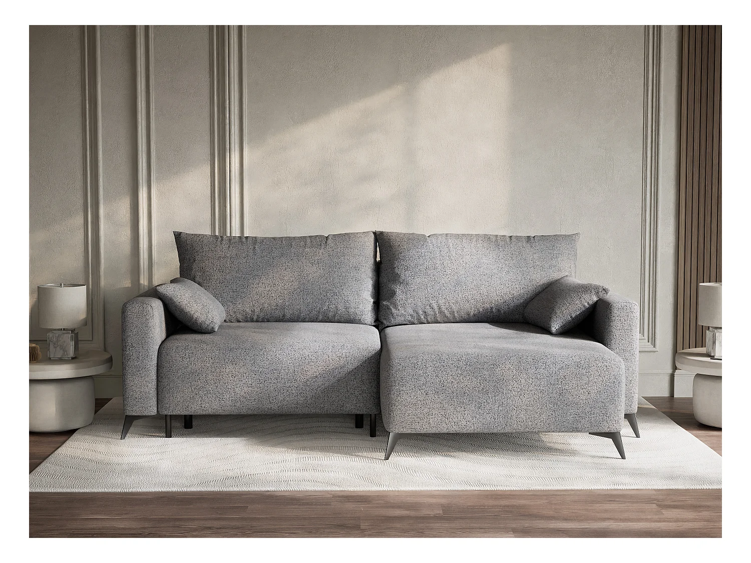 Canapé d'angle droit avec fonction lit en tissu tressé gris LEON