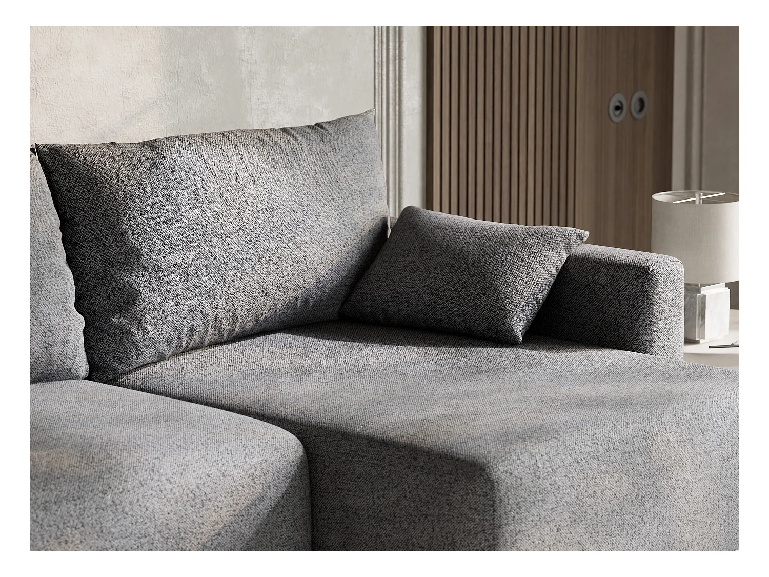 Canapé d'angle droit avec fonction lit en tissu tressé gris LEON