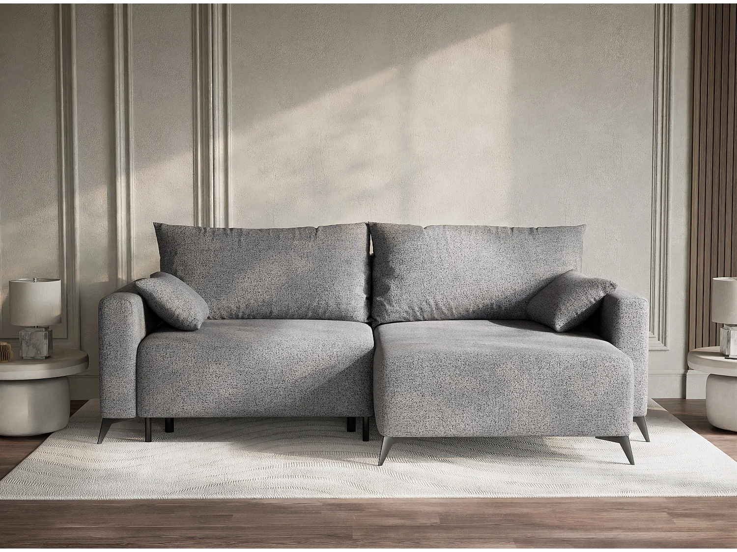 Canapé d'angle droit avec fonction lit en tissu tressé gris LEON