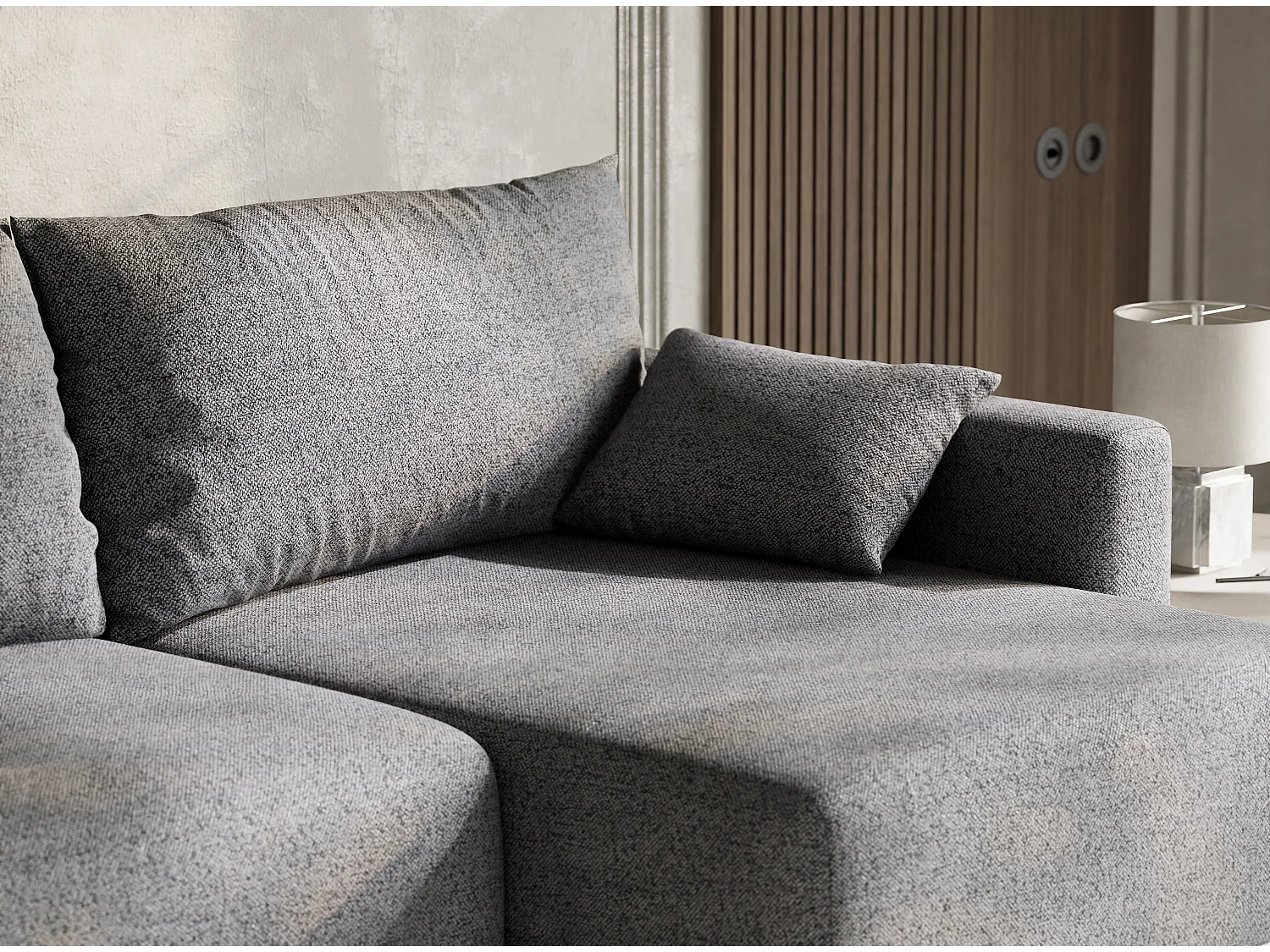 Canapé d'angle droit avec fonction lit en tissu tressé gris LEON