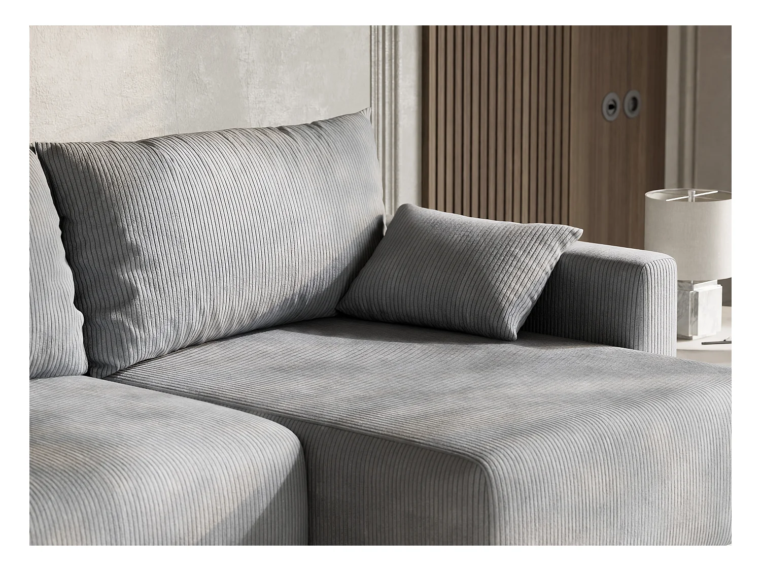 Canapé d'angle droit avec fonction lit en velours gris clair LEON