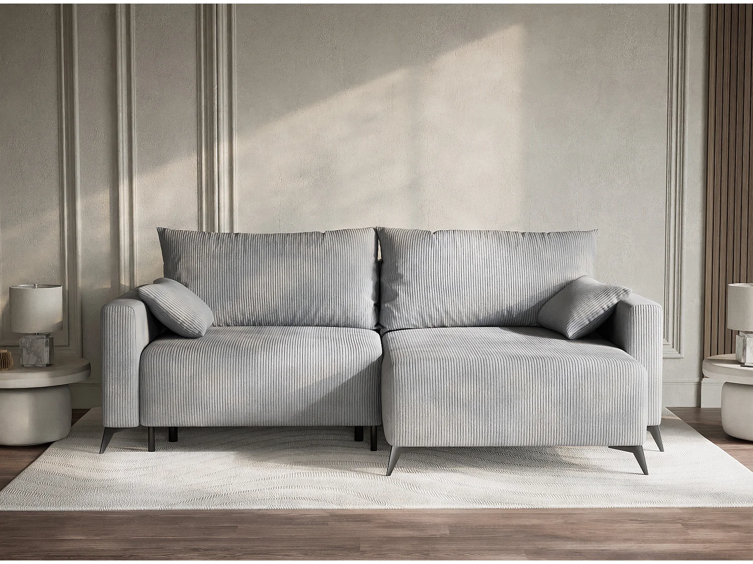 Canapé d'angle droit avec fonction lit en velours gris clair LEON