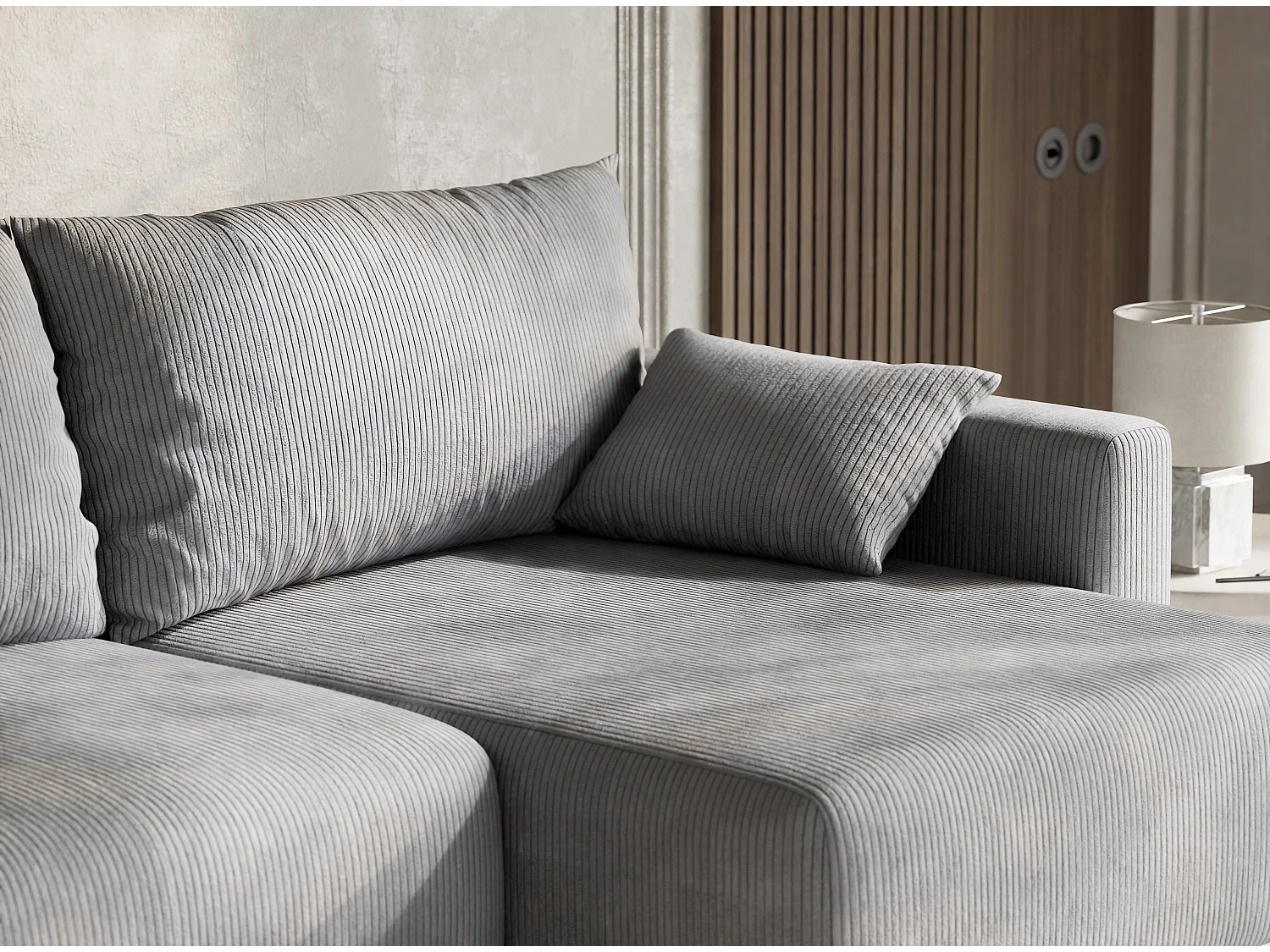 Canapé d'angle droit avec fonction lit en velours gris clair LEON