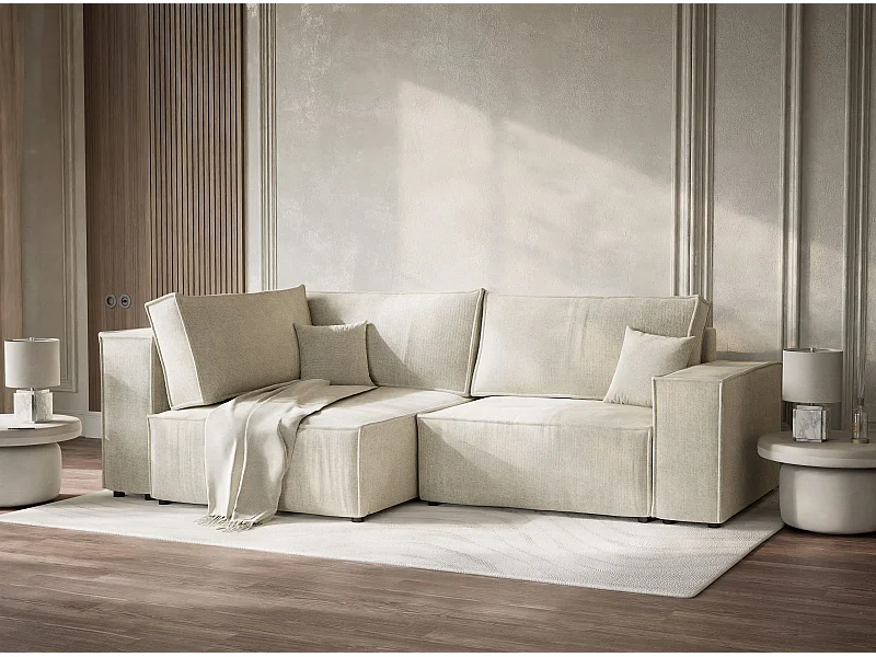 Canapé d'angle gauche avec fonction lit en tissu chenille creme TONGA