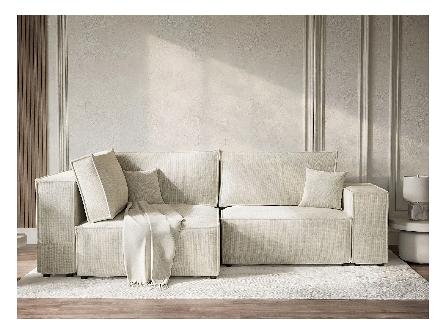 Canapé d'angle gauche avec fonction lit en tissu chenille creme TONGA