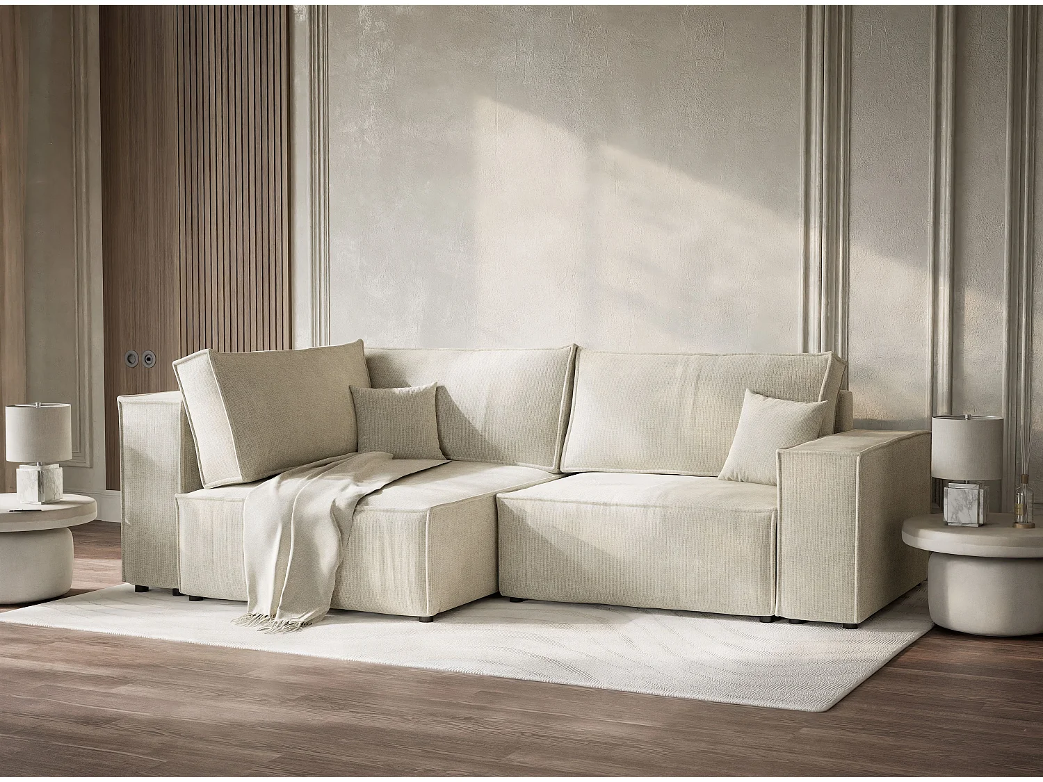 Canapé d'angle gauche avec fonction lit en tissu chenille creme TONGA