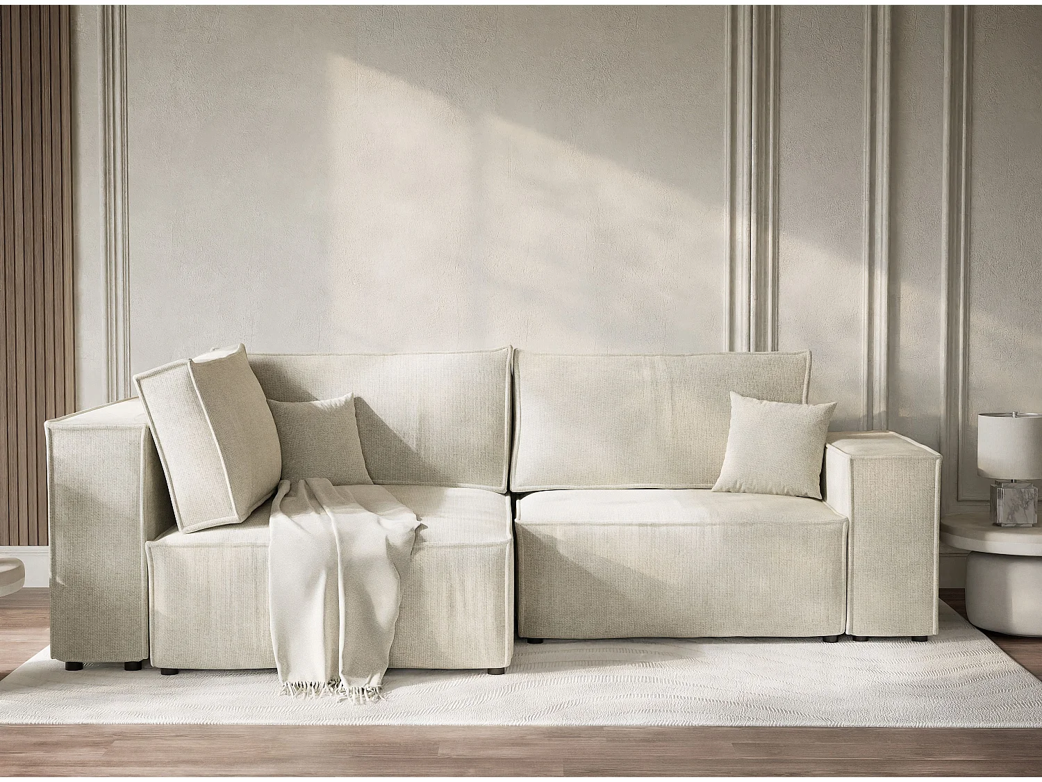 Canapé d'angle gauche avec fonction lit en tissu chenille creme TONGA