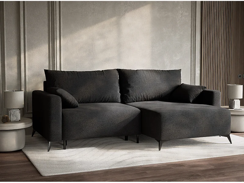 Canapé d'angle droit avec fonction lit en tissu tressé graphite LEON